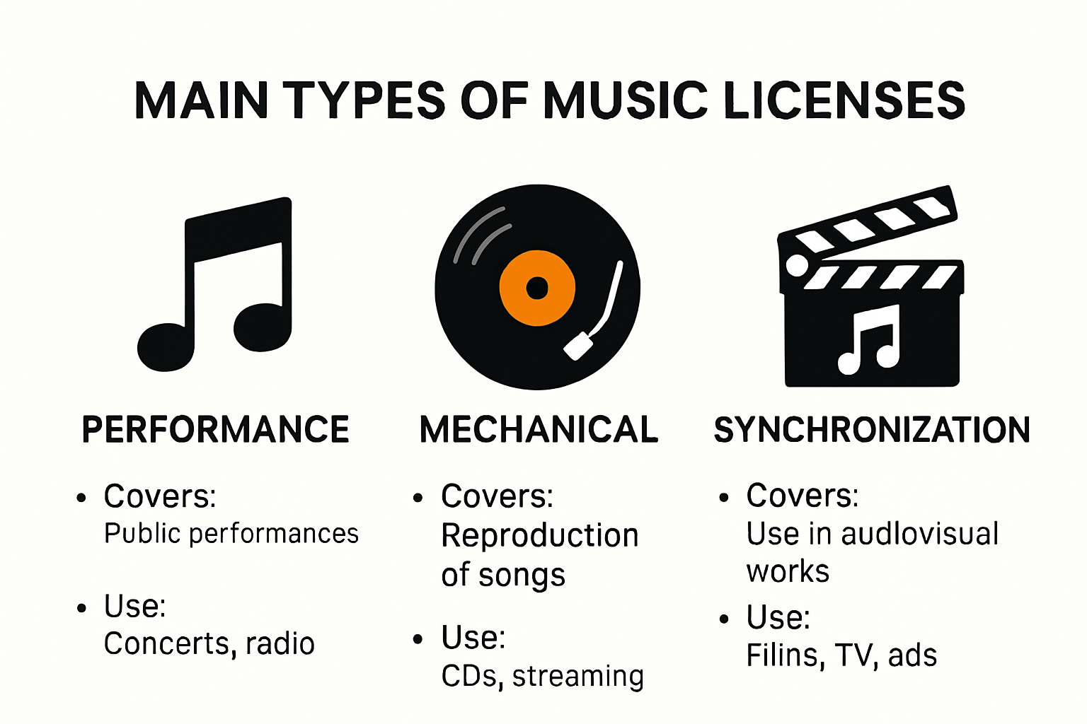 Infographic showing types of music licenses and uses