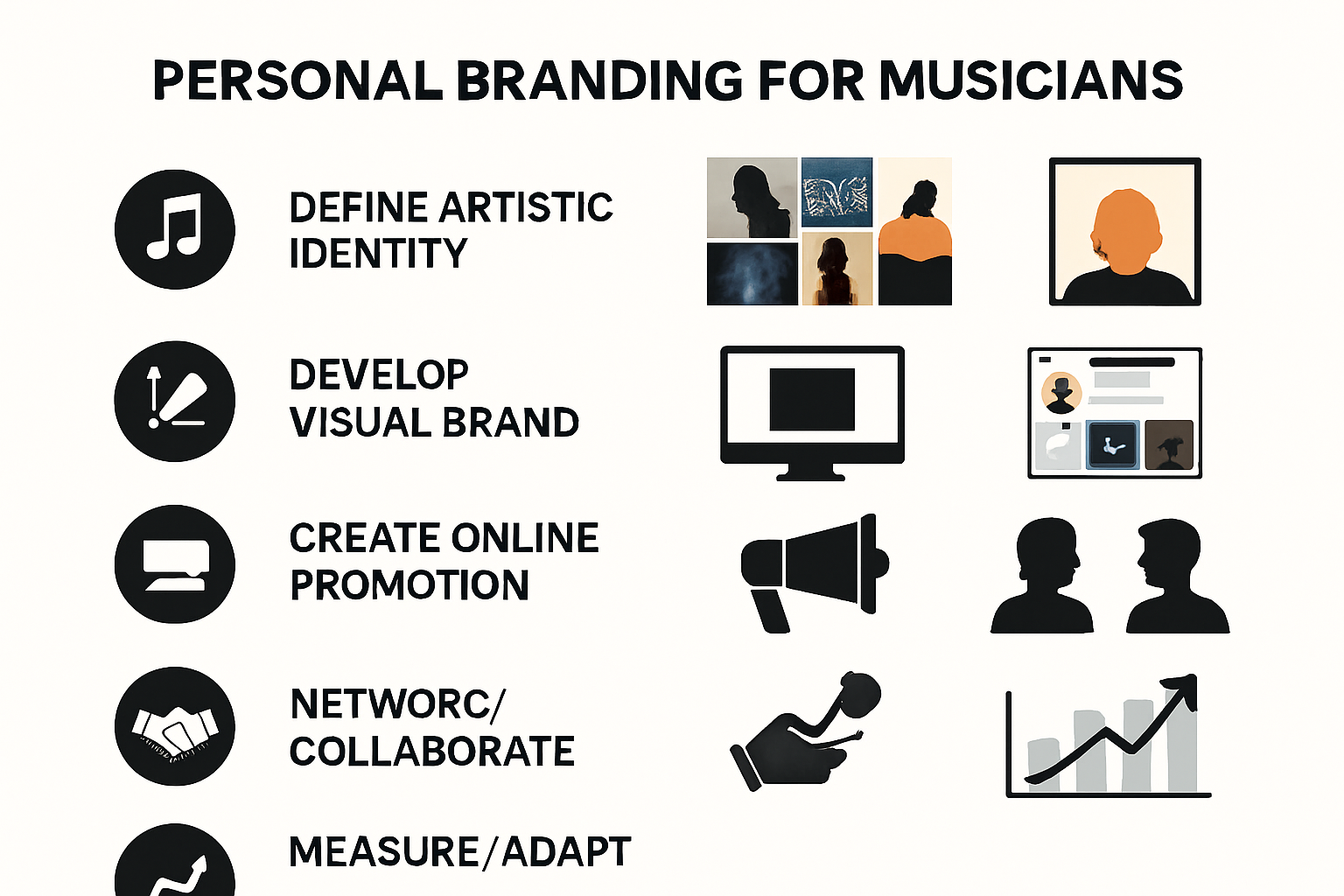 Infographic outlining six steps for musician branding success