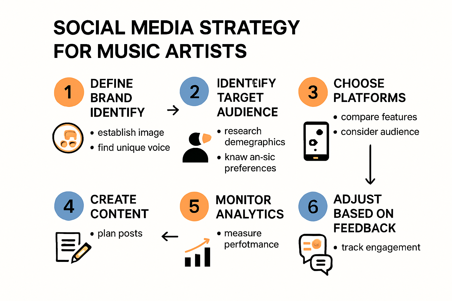 Six-step social media strategy infographic for musicians
