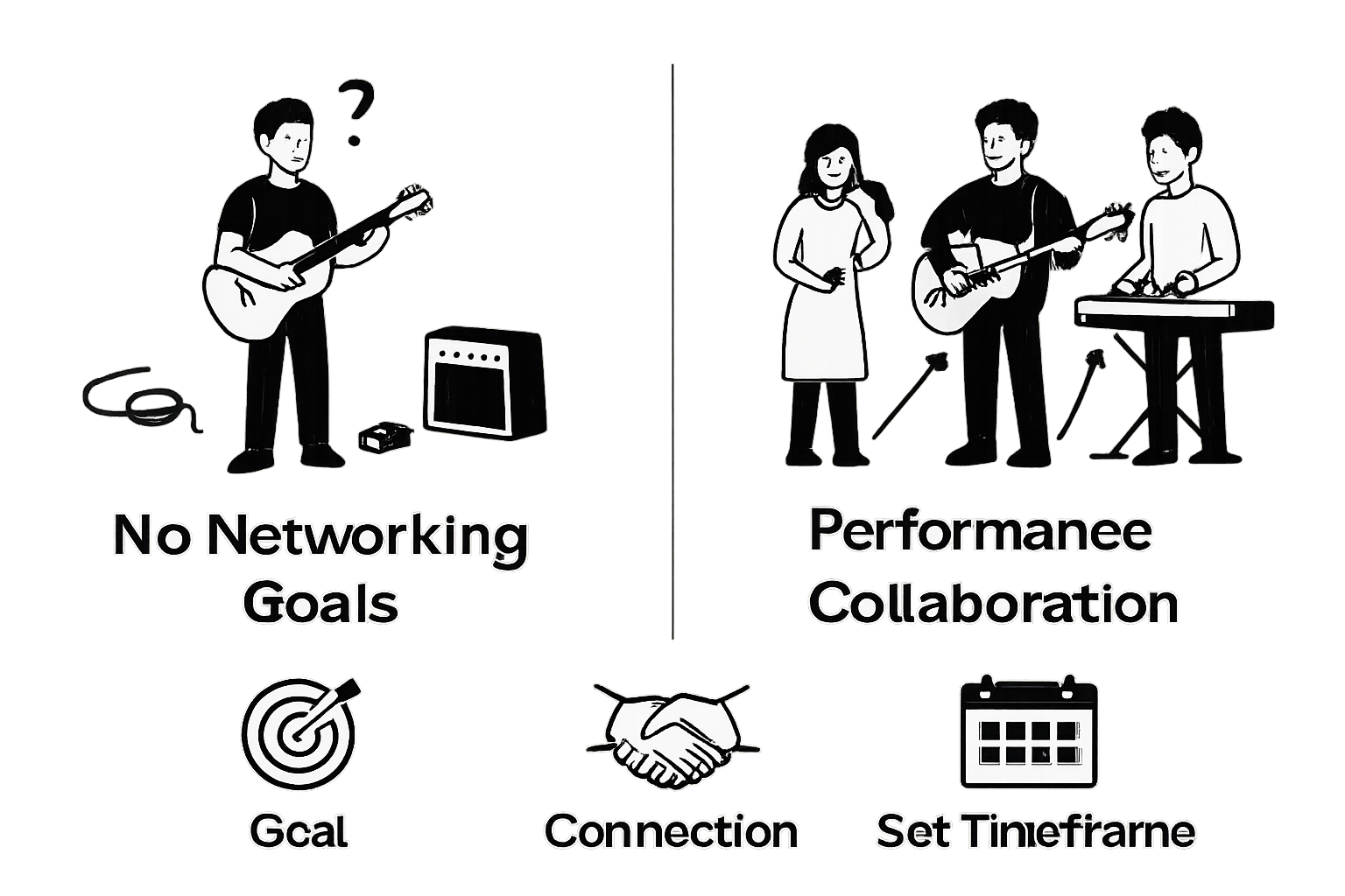 Infographic showing step-by-step value of setting clear networking goals for musicians