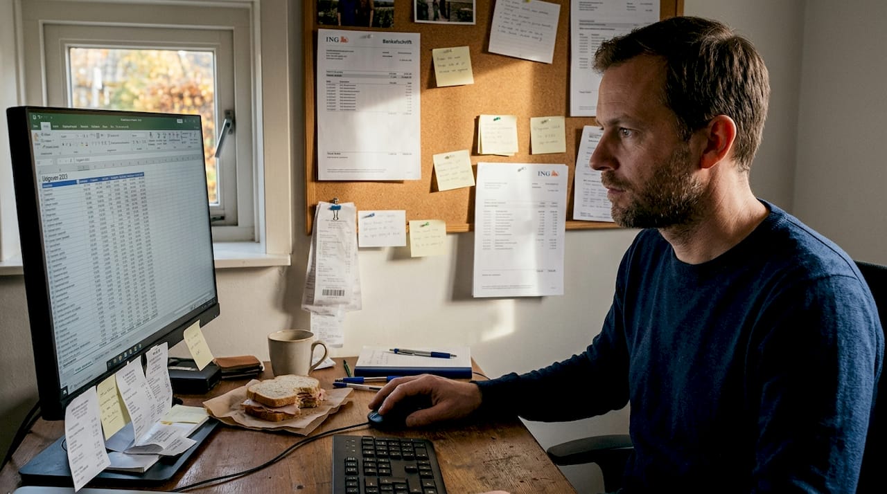 Man verwerkt bonnetjes en houdt zijn administratie bij in een Excel-bestand