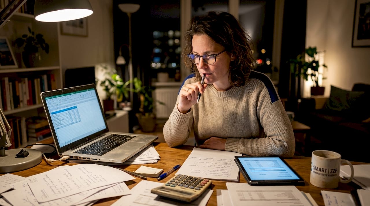 Vrouw bekijkt en vergelijkt financiële overzichten van het afgelopen jaar