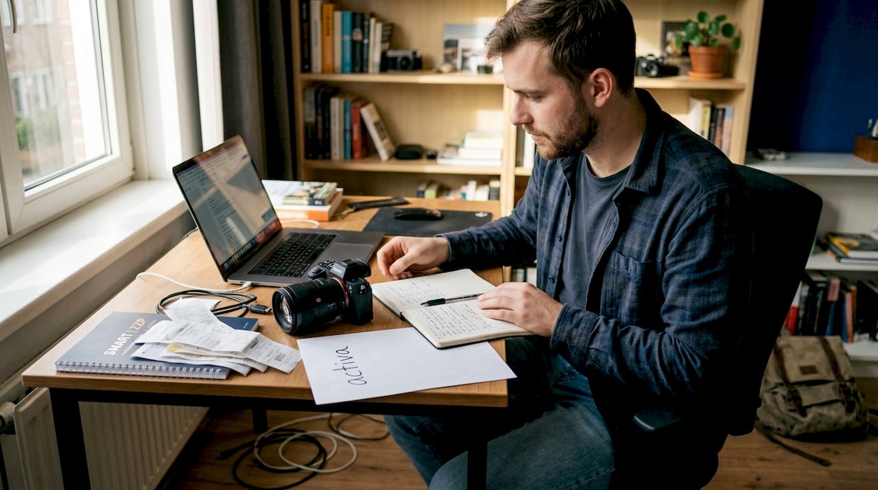 Een zelfstandige controleert zijn zakelijke inventaris en loopt de spullen na die hij voor zijn werk gebruikt.