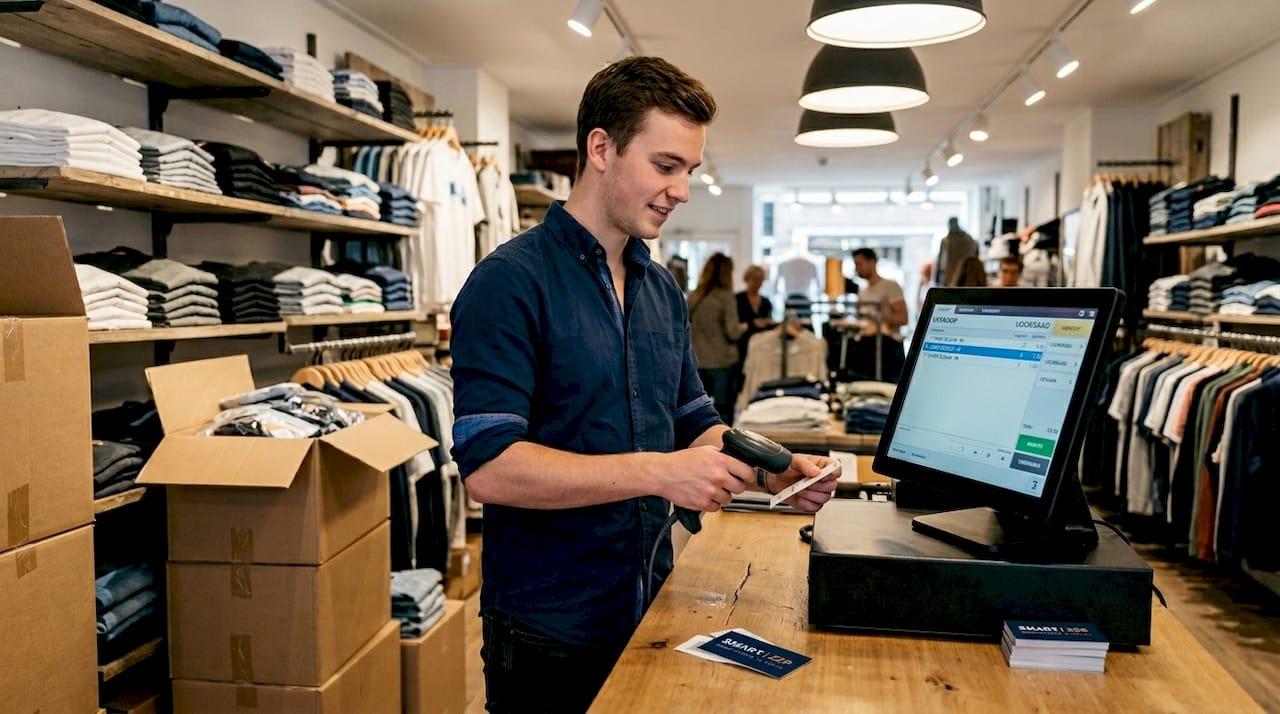 Een medewerker zorgt ervoor dat de kassa gekoppeld wordt aan het voorraadbeheersysteem.