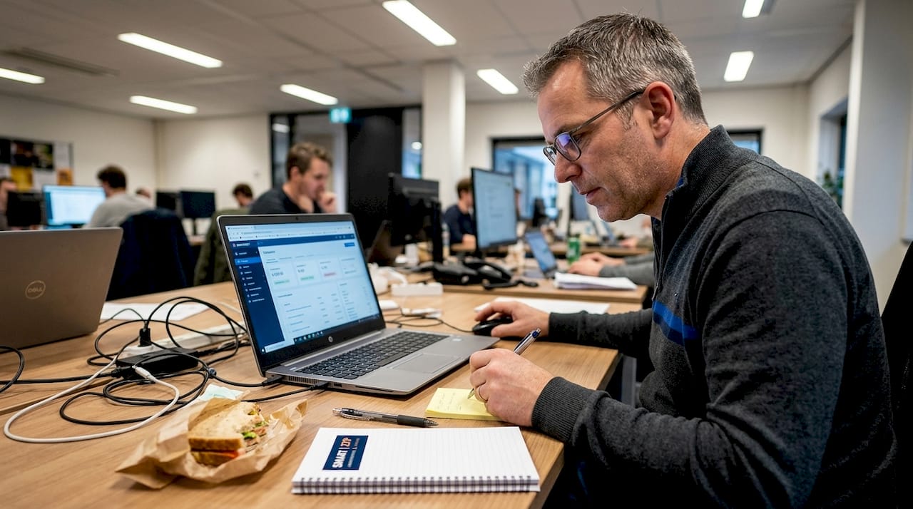 De boekhouder speurt naar digitale fouten op kantoor.