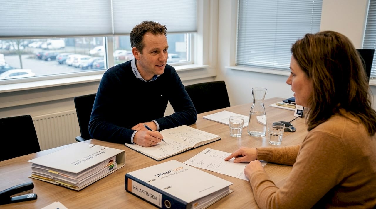 Onder het genot van een kop koffie nemen de klant en de boekhouder samen de administratie door aan de keukentafel.