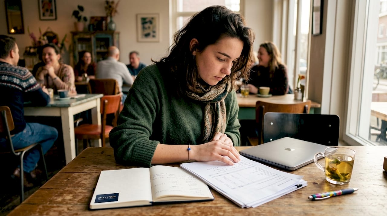 Iemand is in een co-working space bezig met het invoeren van gewerkte uren op zijn laptop.