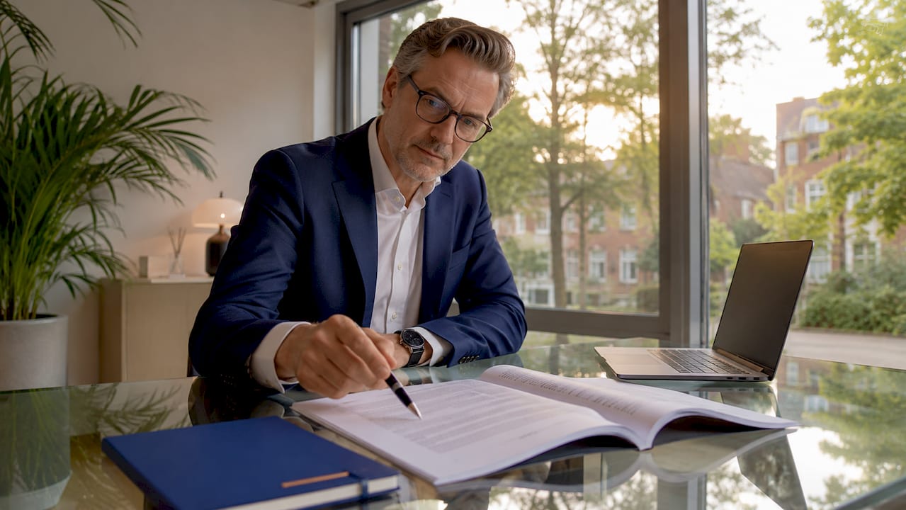 Een jurist wijst medewerkers op de bepalingen uit het contract op kantoor.