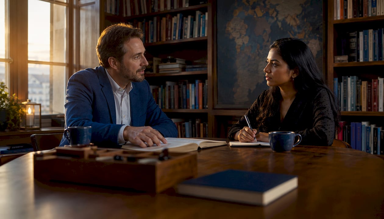 Twee zakenpartners zitten samen in een café en hebben een open gesprek over heldere prijsafspraken.
