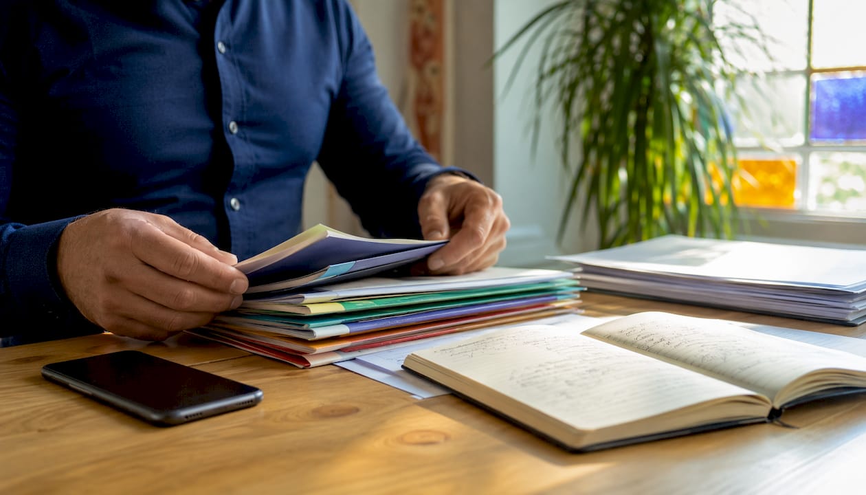 Een bovenaanzicht van handen die administratieve dossiers van de fysiotherapie sorteren.