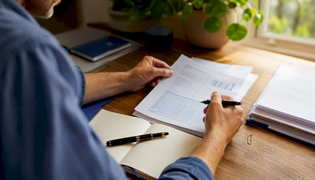 Iemand kijkt financiële documenten nauwkeurig na