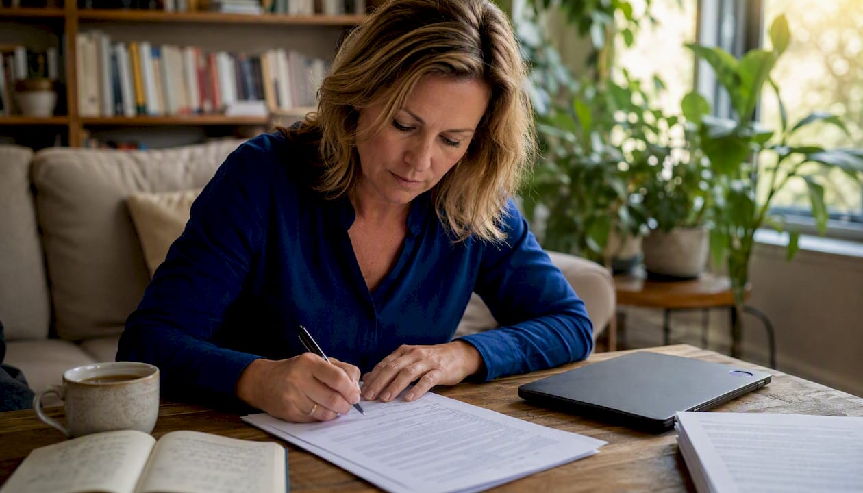 Een vrouw neemt een contract zorgvuldig door aan haar bureau op kantoor.