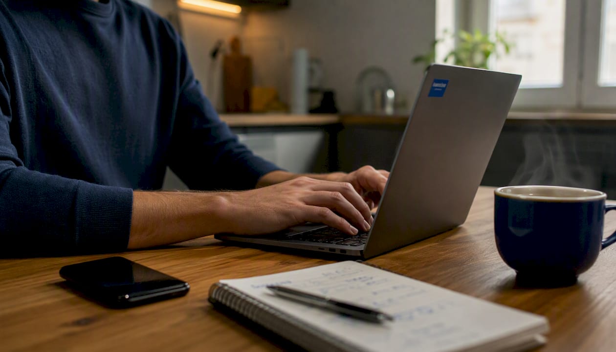 Iemand zoekt iets op zijn laptop door zoekwoorden in te typen op het toetsenbord.