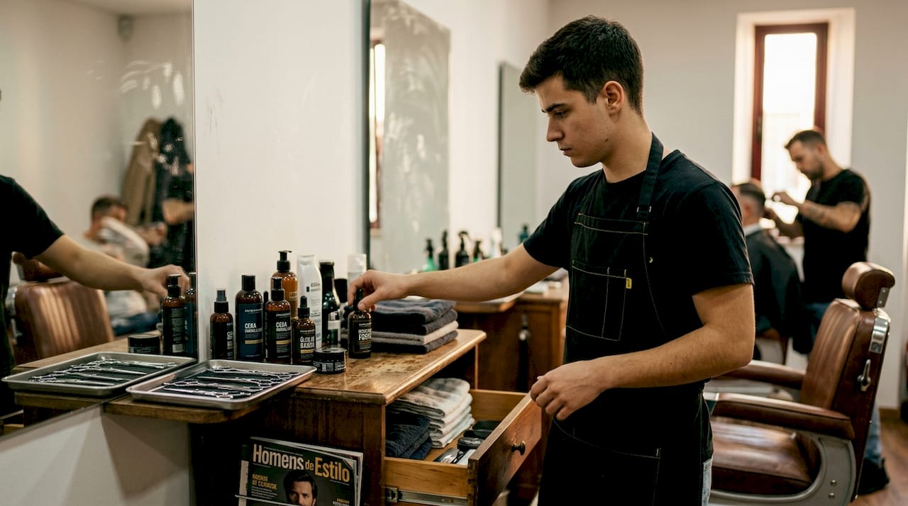 O barbeiro prepara os seus produtos e ferramentas antes de começar a atender os clientes.