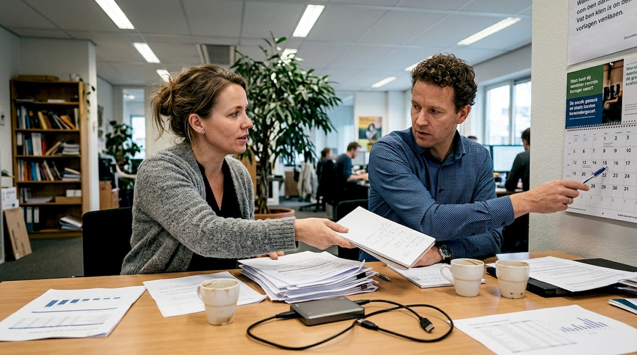 Aan de vergadertafel nemen collega’s samen de bedrijfsdocumenten door. Wat is bedrijfsoverdracht