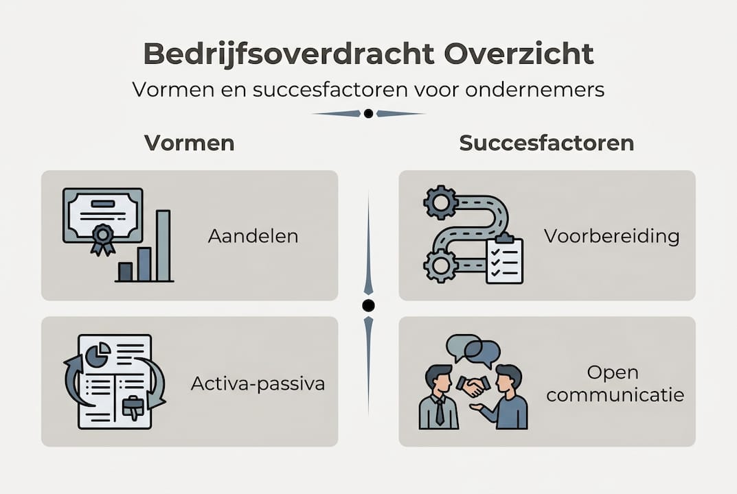 Infographic: verschillende manieren van bedrijfsoverdracht en de belangrijkste succesfactoren
