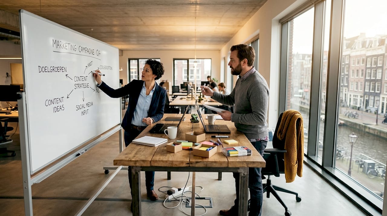 Een groep collega’s staat samen rond een hoge tafel en wisselt ideeën uit, terwijl ze aantekeningen maken op het krijtbord.
