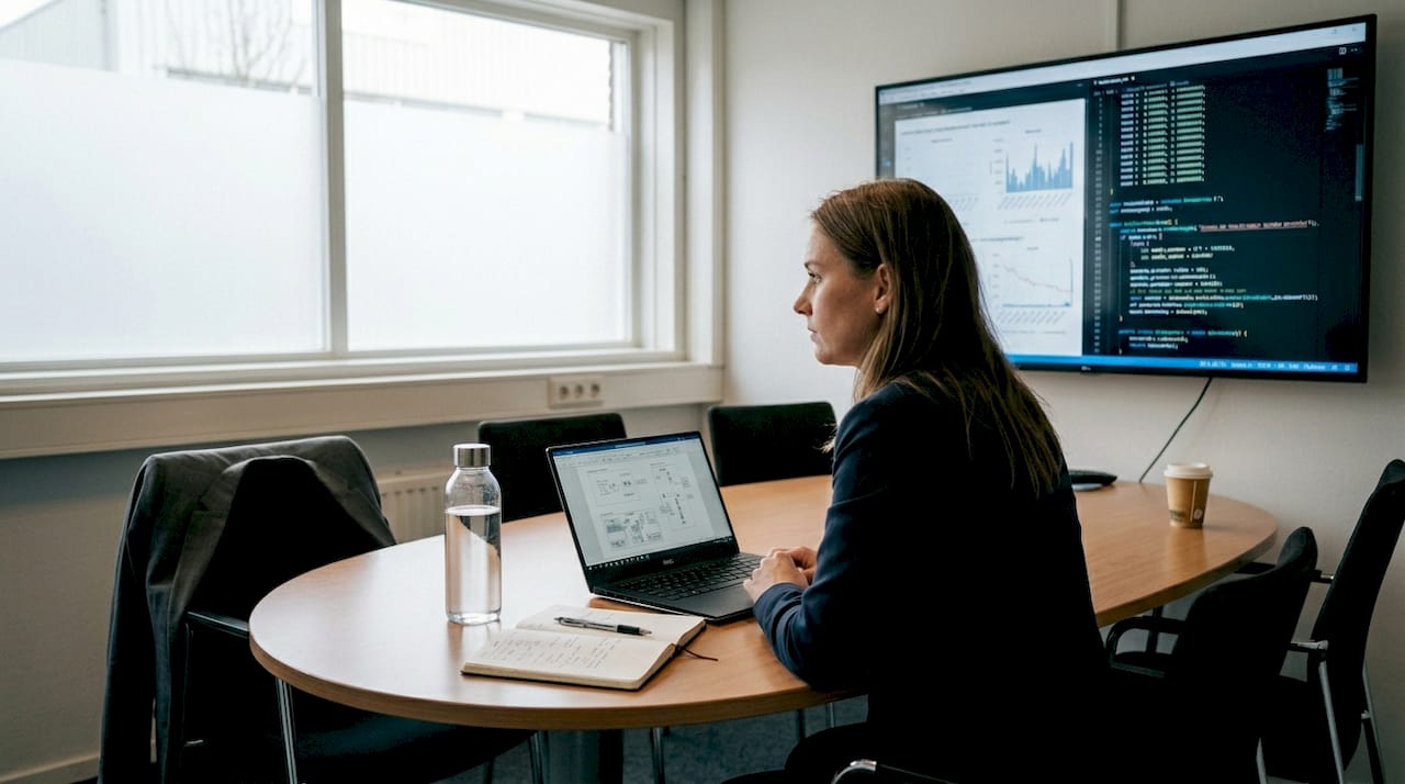 IT-manager bespreekt data aan de vergadertafel, met cijfers en grafieken zichtbaar op het scherm.