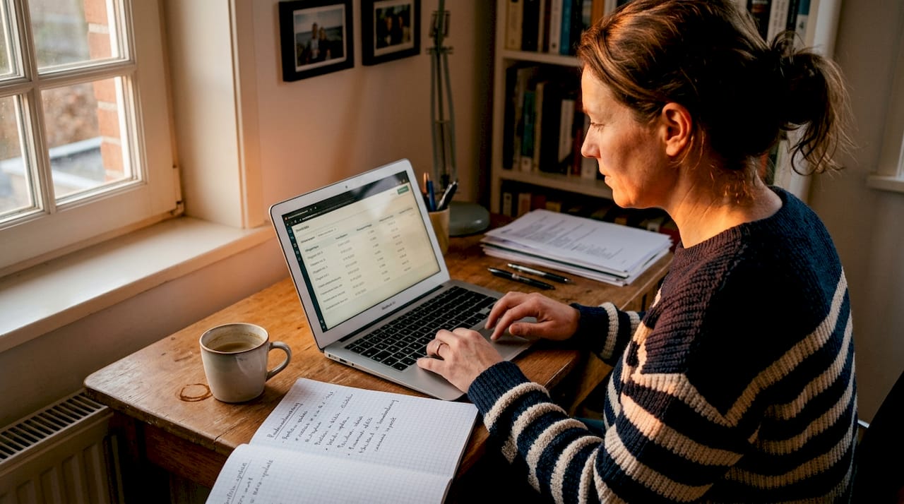 Een vrouw werkt vanuit haar thuiswerkplek en voert gegevens over obligaties in op haar computer.