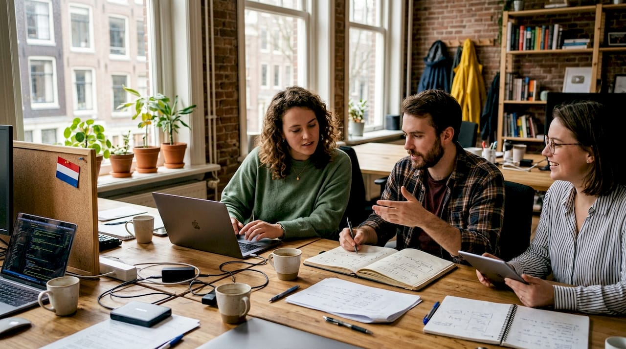 Een Nederlands techteam werkt samen op kantoor aan innovatieve projecten.
