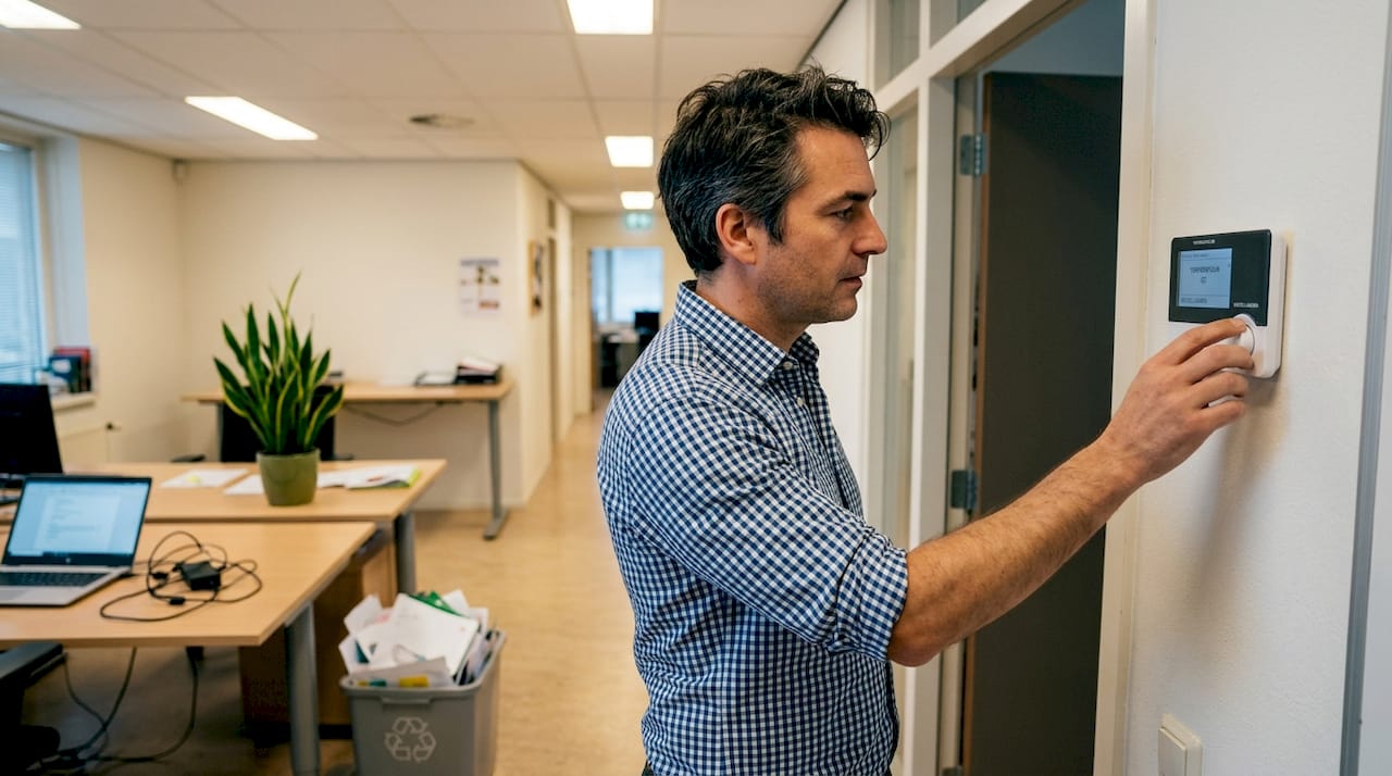 Een man stelt de thermostaat bij op een gewone kantoorvloer.