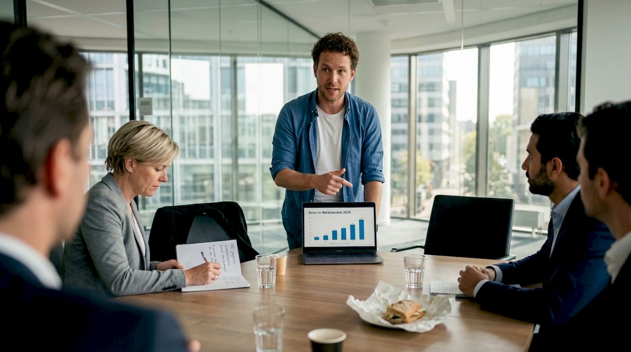 De oprichter presenteert zijn idee aan investeerders tijdens een overleg in de vergaderruimte.