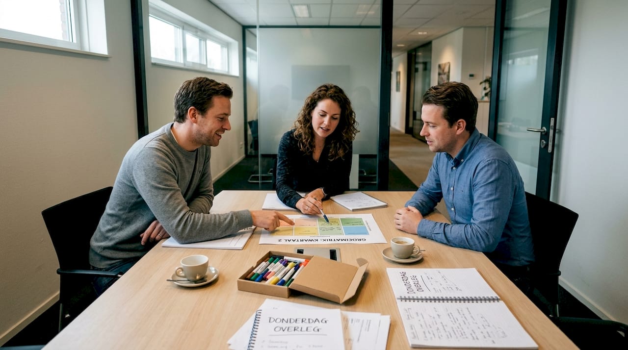 Het team buigt zich samen aan de vergadertafel over de plannen om verder te groeien.