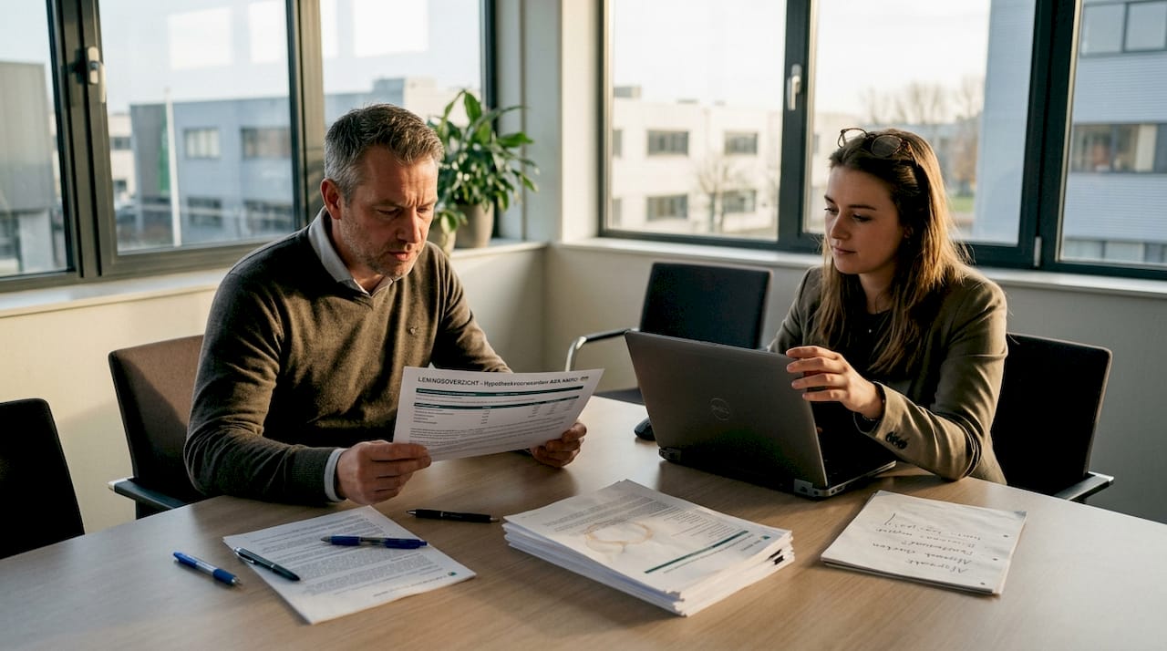 Aan de vergadertafel overleggen collega's over het afsluiten van een zakelijke lening.
