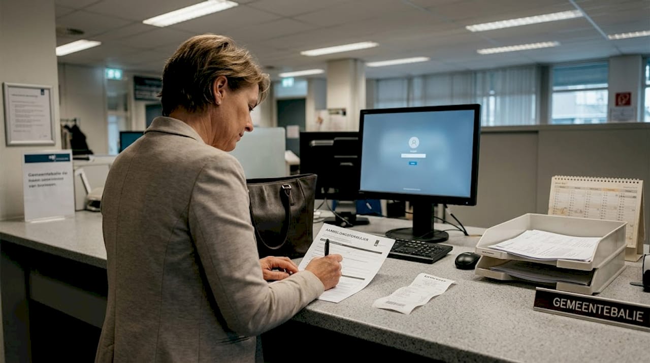 Een vrouw zit aan haar bureau terwijl ze haar eigen bedrijf inschrijft bij de Kamer van Koophandel.