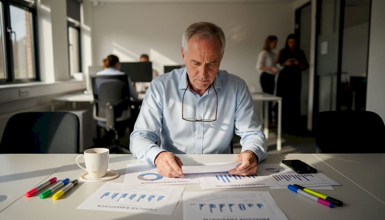 De manager neemt de financiële rapporten nauwgezet onder de loep.