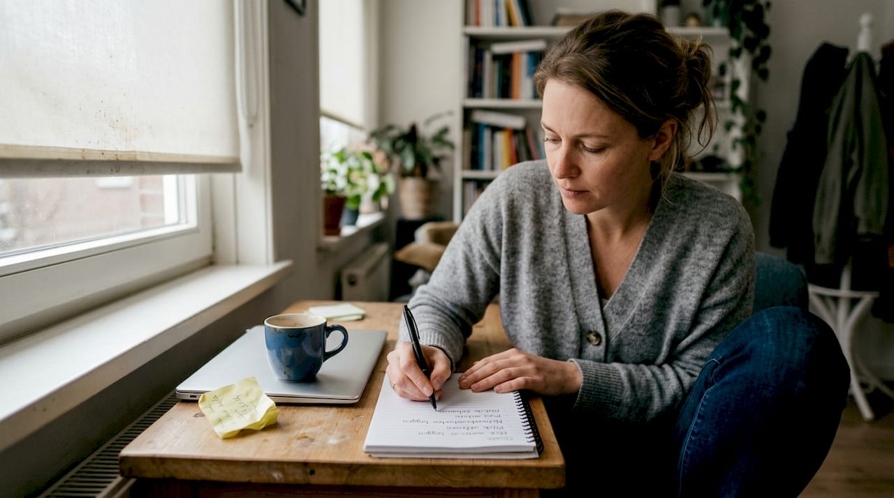 Een vrouw zit thuis achter haar bureau en schrijft haar doelen op.