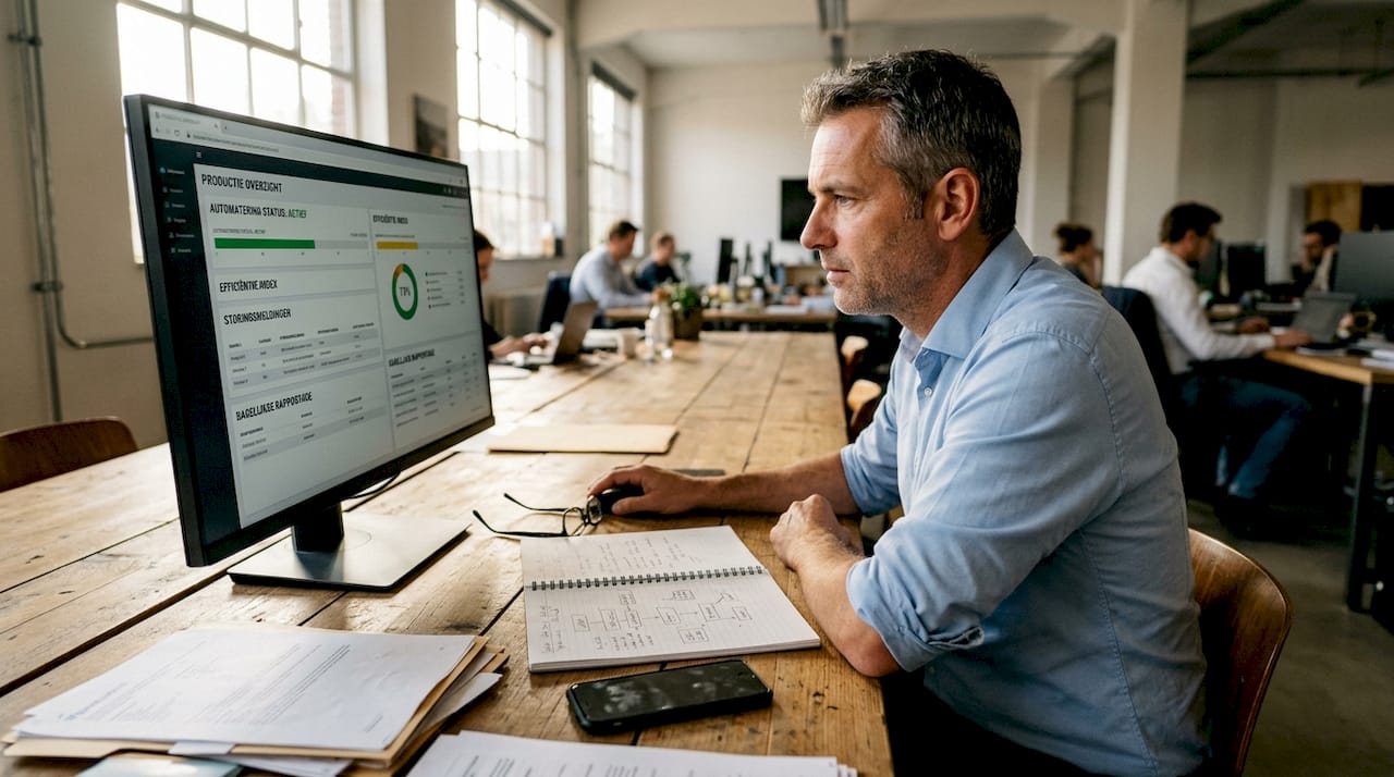 Een manager bekijkt het digitale dashboard om de automatisering van werkprocessen te monitoren.