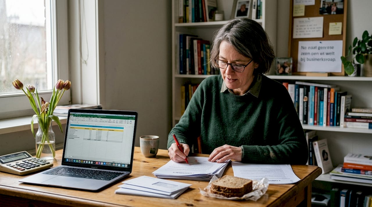 Een ondernemer neemt thuis rustig de tijd om zakelijke contracten door te nemen.