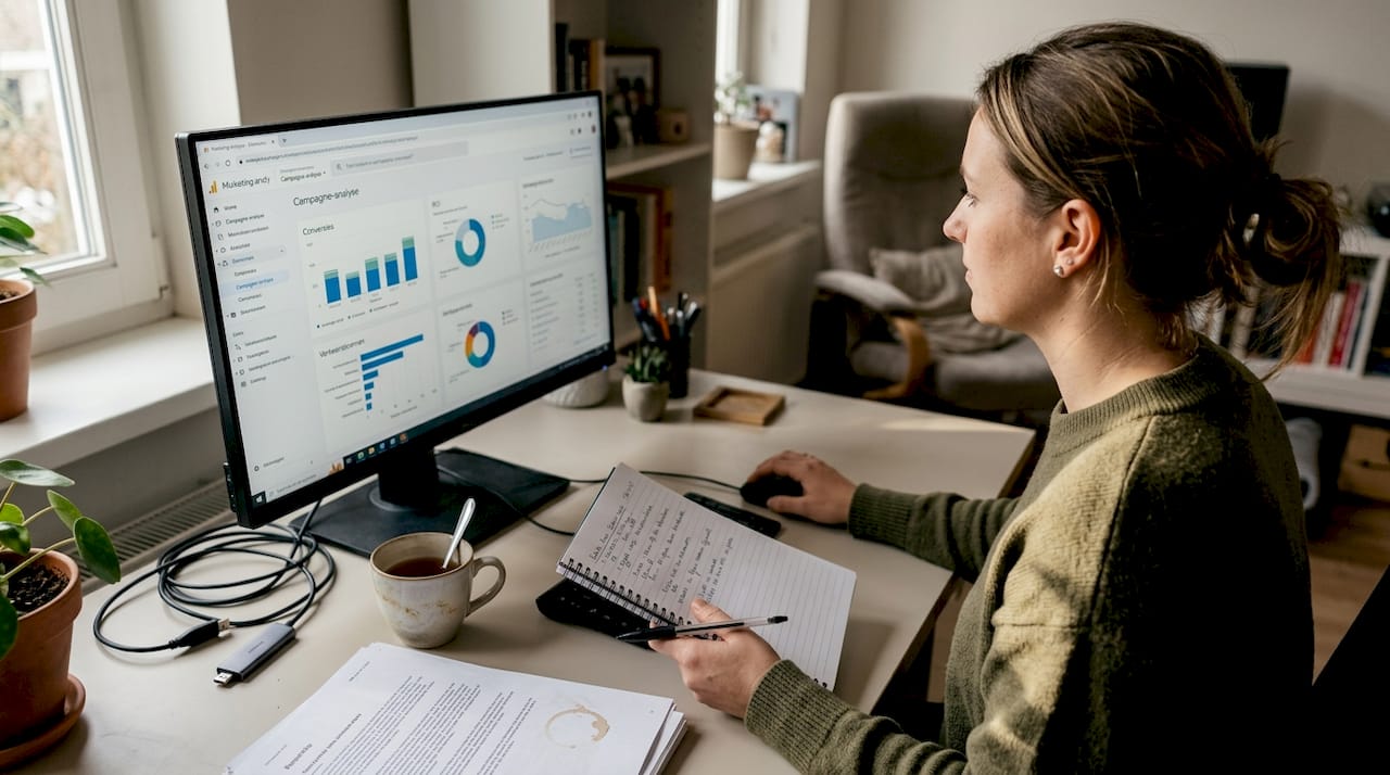 Een marketeer verdiept zich in klantgegevens vanuit zijn thuiskantoor.