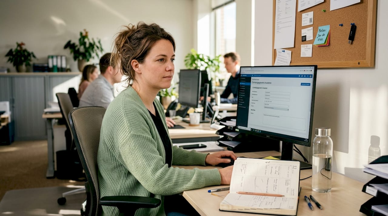 Een medewerker verwerkt klantgegevens in het CRM-systeem van een klein bedrijf.