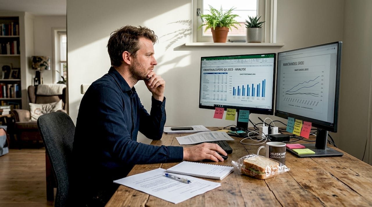 Een medewerker bekijkt hoe de bedrijfsstrategie van het MKB tot uiting komt op de werkvloer.