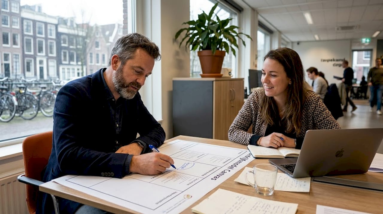 Managers overleggen over het bedrijfsmodel op de open werkvloer