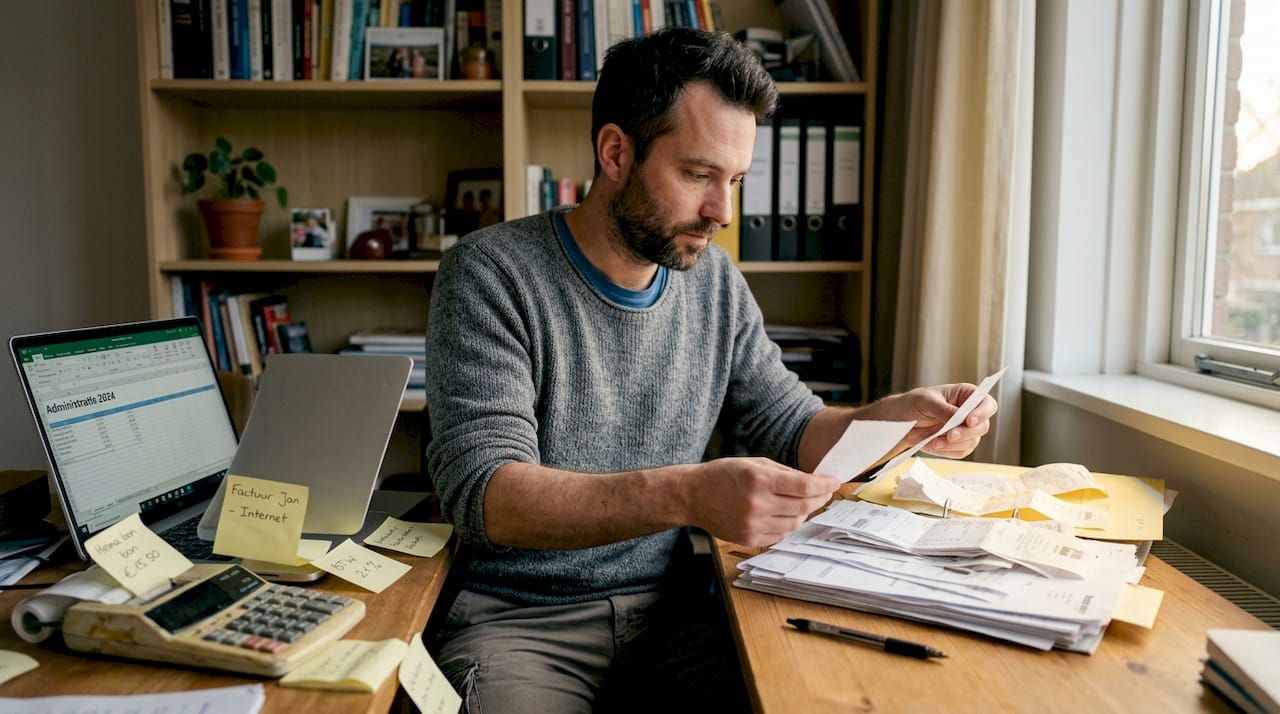 Een startende ondernemer is thuis bezig met de administratie van zijn bedrijf.