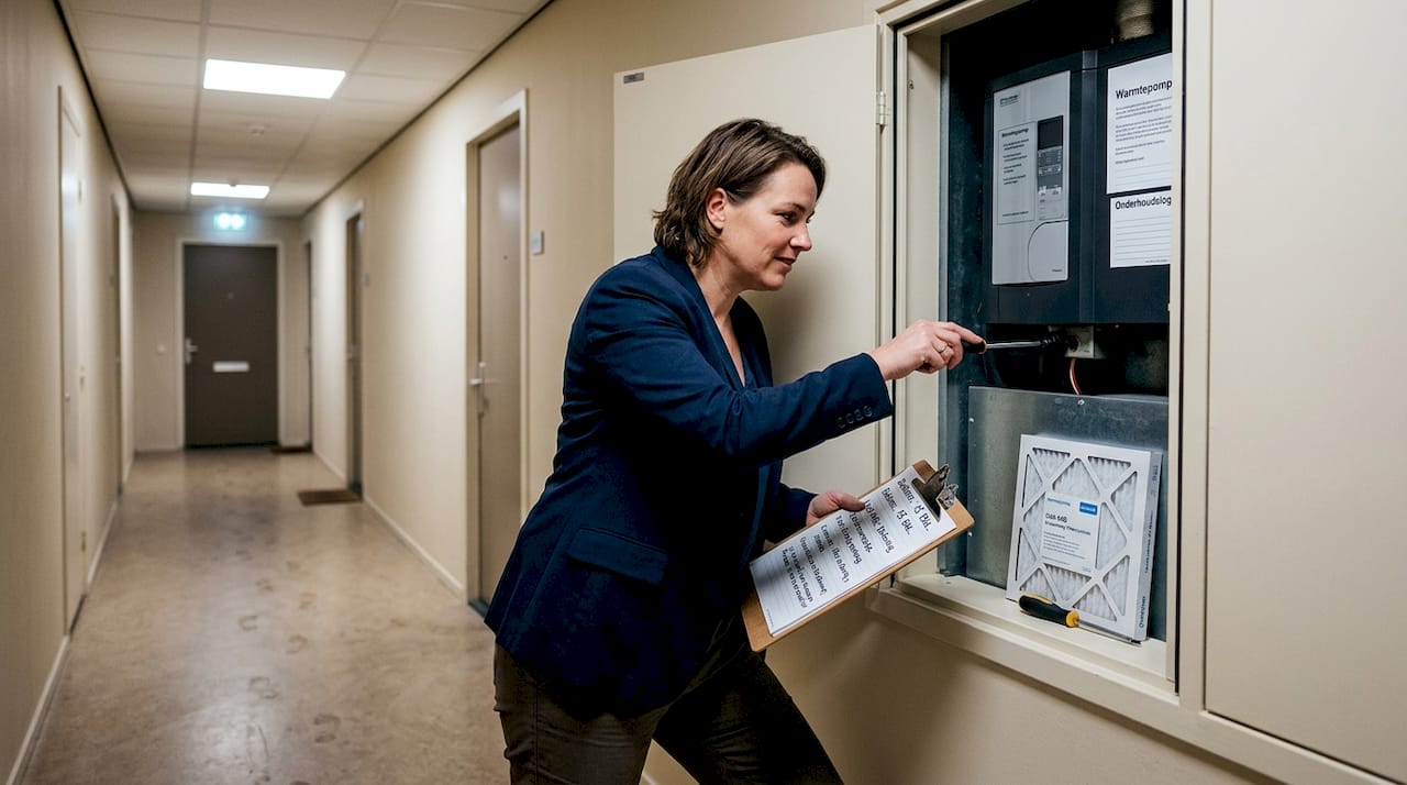 De facilitair manager loopt een ronde om de duurzame installatie te controleren.