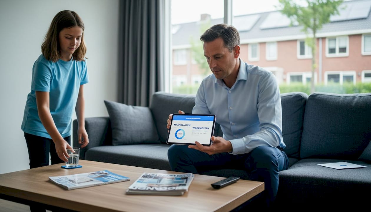 In de woonkamer bespreekt een man de verschillende woonlasten met zijn gezin.