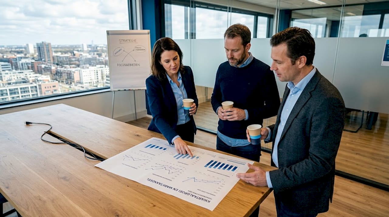 Het team buigt zich gezamenlijk over de groeistrategie aan tafel