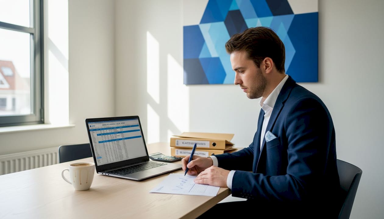 Een accountant is bezig met het opstellen van een spreadsheet voor de waardebepaling van een bedrijf.