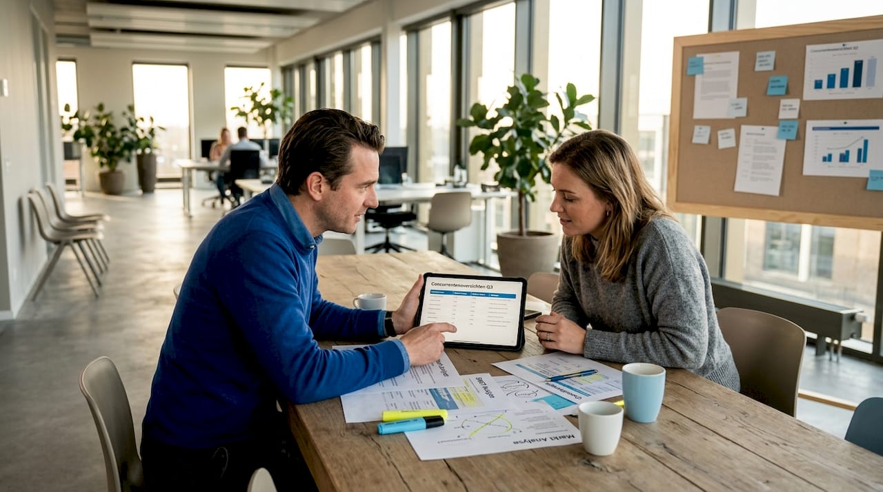 Tijdens het overleg buigen collega's zich samen over een analyse van de concurrentie.