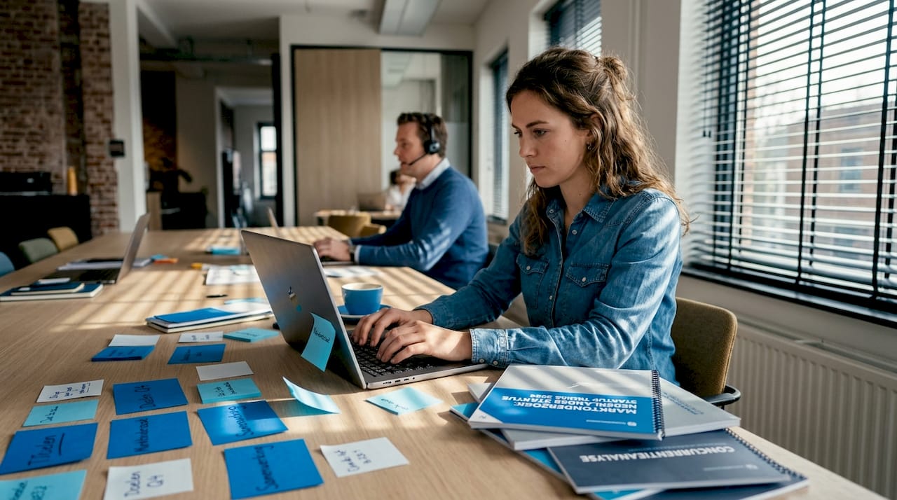 Een medewerker van een startup zit geconcentreerd te typen achter zijn bureau.
