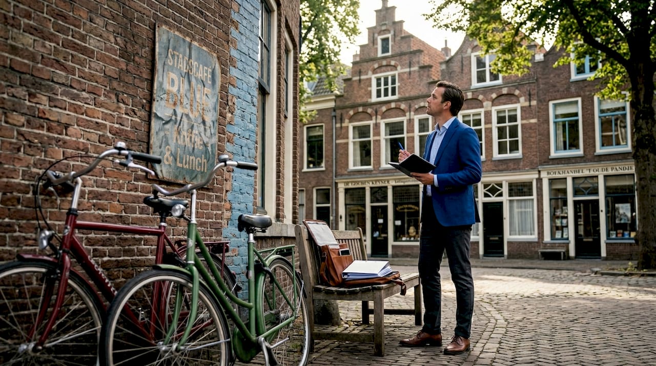 Een ondernemer bekijkt verschillende winkelpanden om te bepalen waar hij het beste kan investeren.