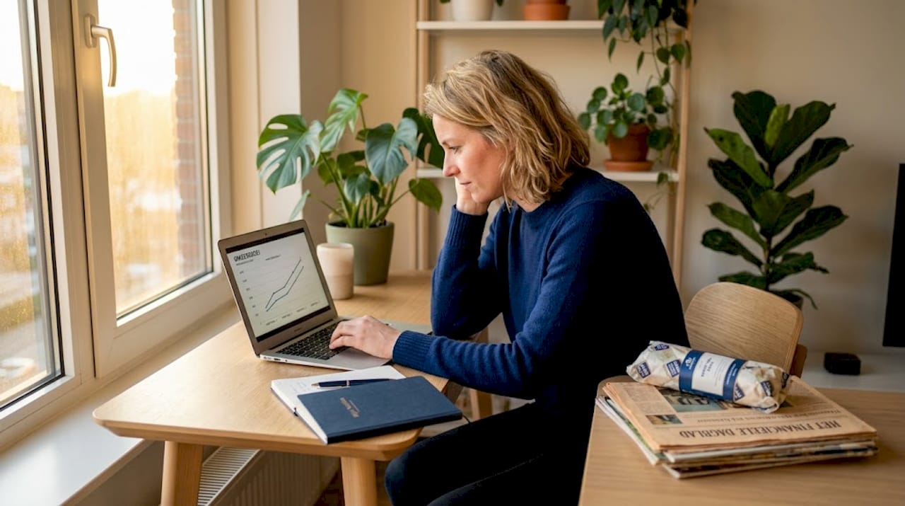 Thuis verdiept een vrouw zich in haar beleggingsstrategie en investeringsopties