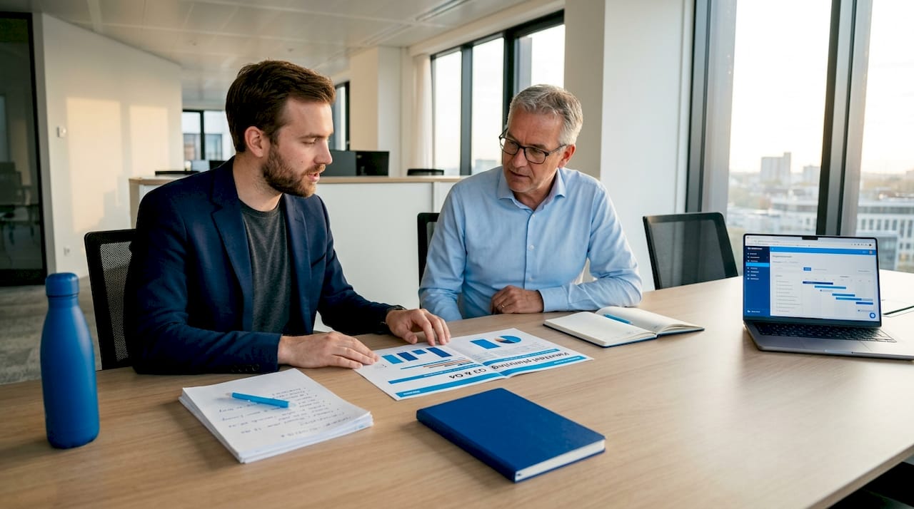 Het team overlegt samen over de papieren rondom het onderzoeksproject.
