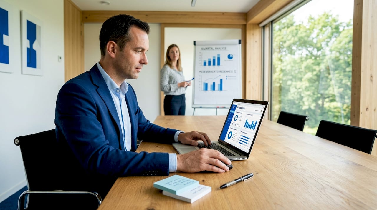 Op kantoor analyseert een HR-professional de gegevens op een AI-dashboard.