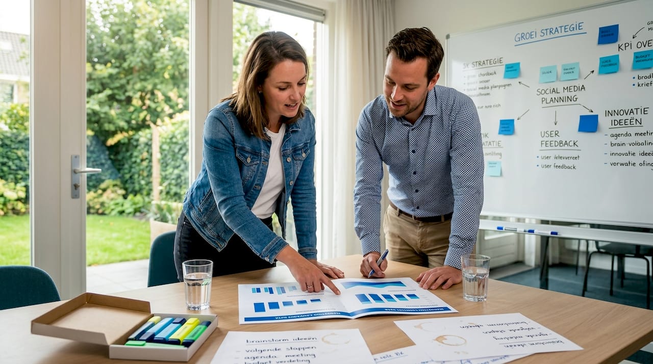 Het marketingteam buigt zich over de geprinte resultaten uit het datarapport. Het belang van data-analyse