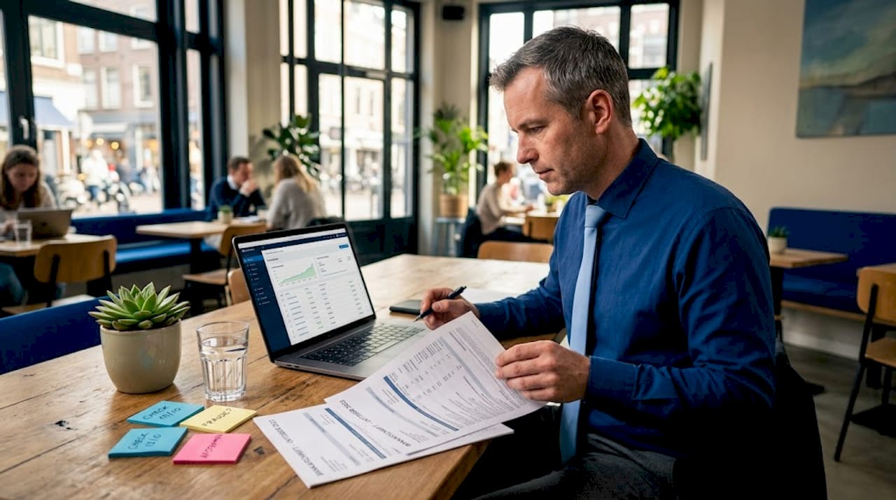 Een expert onderzoekt bankafschriften op mogelijke frauduleuze transacties.